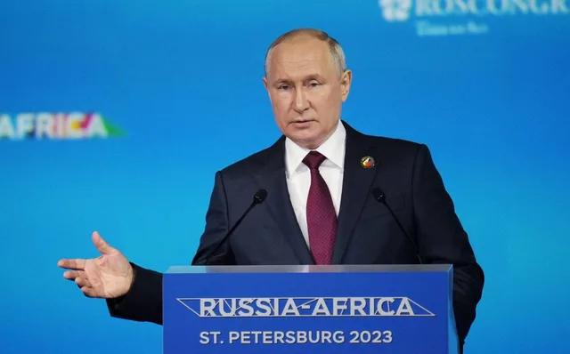 The Russian president speaks at the Russia-Africa summit lectern