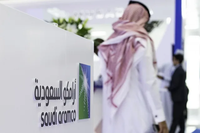 The Saudi Aramco logo on an exhibition stand, file photo