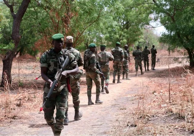 Senegalese soldiers walk on patrol along a dirt track among trees