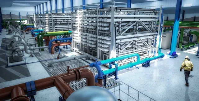 Pipes and filtration units inside a desalination plant with a worker in a yellow jacket, file illustration
