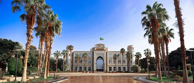 The Presidential Palace in Nouakchott surrounded by palm trees