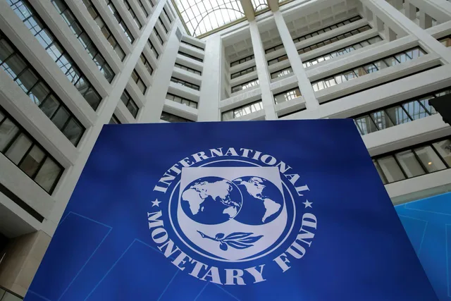 The International Monetary Fund logo in the atrium of its Washington headquarters