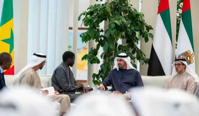 Senegalese President Bassirou Diomaye Faye and UAE President Mohamed bin Zayed in talks with officials, file photo