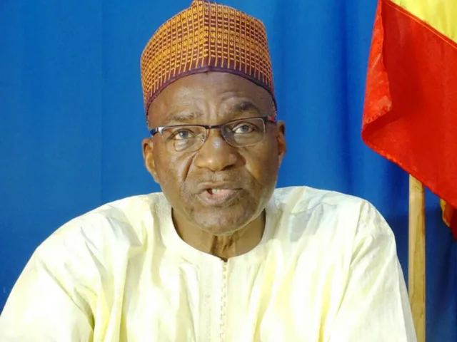 Saleh Kebzabo speaking, wearing an embroidered cap and glasses, with the Chadian flag behind him, file photo