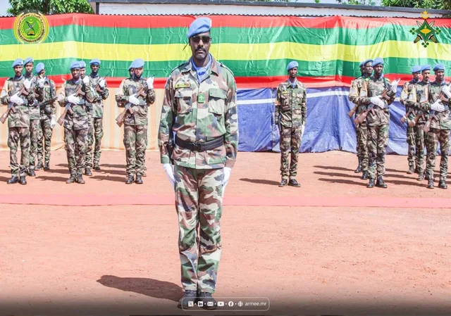 Mauritanian soldiers in blue berets of the UN mission in the Central African Republic at a military ceremony, file photo