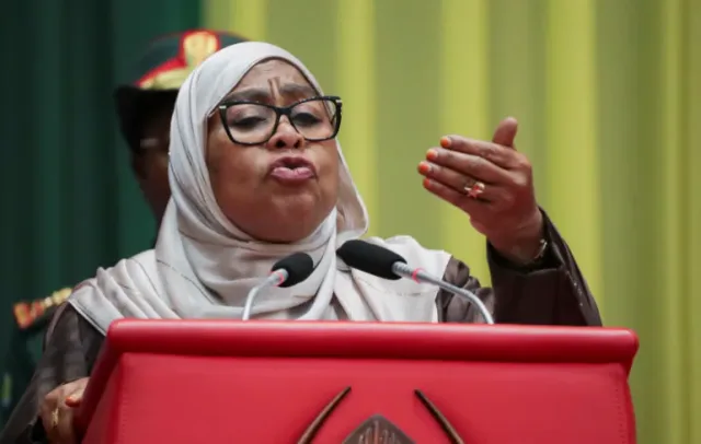 Tanzanian President Samia Suluhu Hassan speaks at a red lectern, file photo