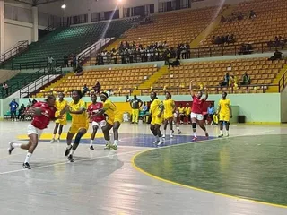 Handball players in red and yellow shirts during an indoor match, illustrative file image