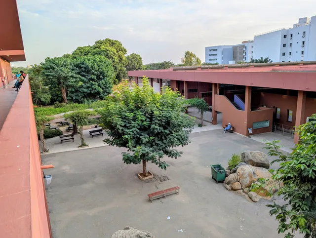 Courtyard of a Dakar high school with a tree in the centre and ochre buildings, file photo