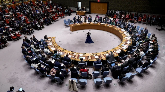 The UN Security Council chamber during a session