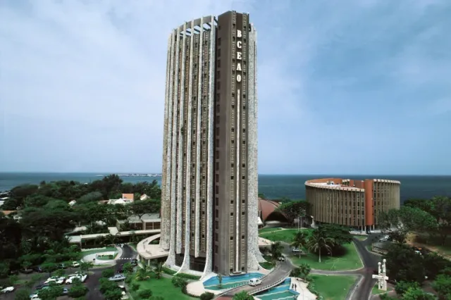 The BCEAO central bank headquarters tower on the Dakar seafront