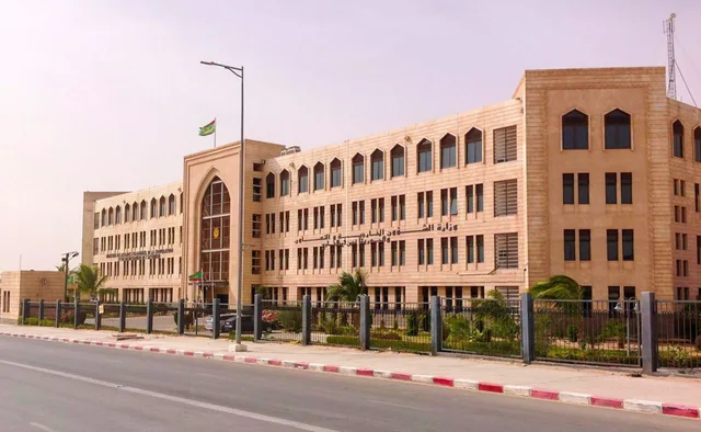The facade of the Ministry of Foreign Affairs building in Nouakchott with the Mauritanian flag