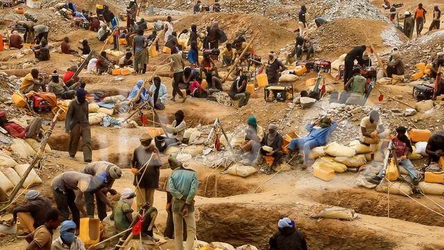 Dozens of miners at an artisanal gold-mining site among pits and sacks of earth, file photo