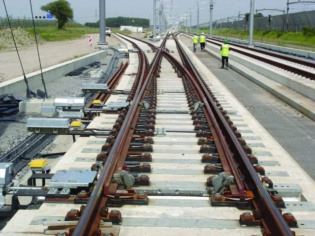 A railway track with switches and signalling equipment