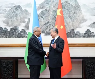 The Chinese and Djiboutian foreign ministers shake hands in front of the two countries' flags