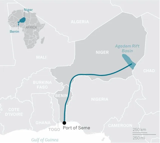 Map of Niger showing the Agadem oil basin and the pipeline to the port of Seme in Benin