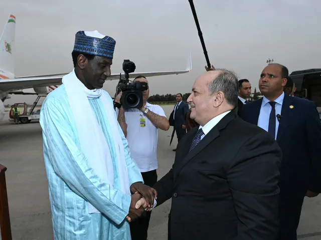 Niger's prime minister shakes hands with an Algerian official at Algiers airport