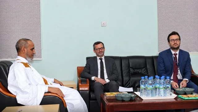 The Tawassoul president talks with the French ambassador and a diplomat in a reception room