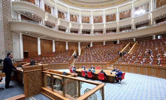 The chamber of Egypt's House of Representatives during a plenary session with a speaker at the podium, file photo