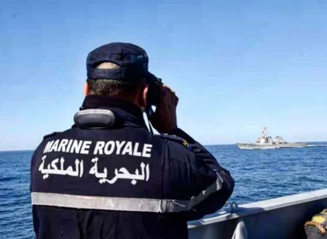 A sailor wearing a Royal Navy jacket scans the sea with binoculars, a ship on the horizon, file photo