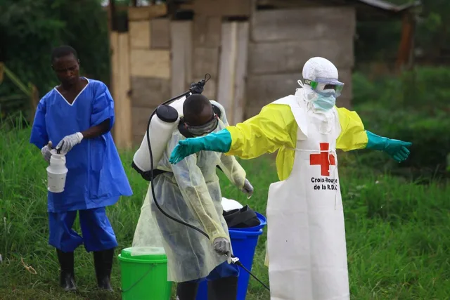 Health worker in a white and yellow Congolese Red Cross protective suit being sprayed with disinfectant on grassland, file photo