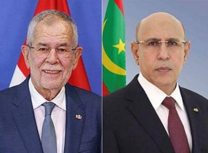 Official portraits of the Austrian and Mauritanian presidents in front of their national flags