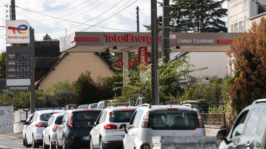 Cars queue at a TotalEnergies petrol station in France