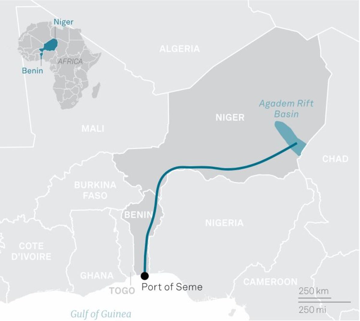 Map of Niger showing the Agadem oil basin and the pipeline to the port of Seme in Benin