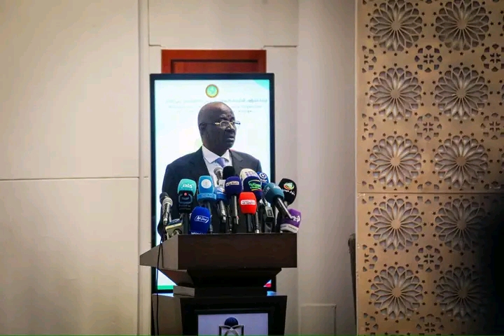 A speaker at a lectern covered with microphones in front of a screen