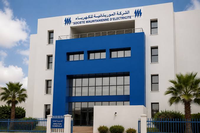The blue and white facade of the Mauritanian Electricity Company headquarters