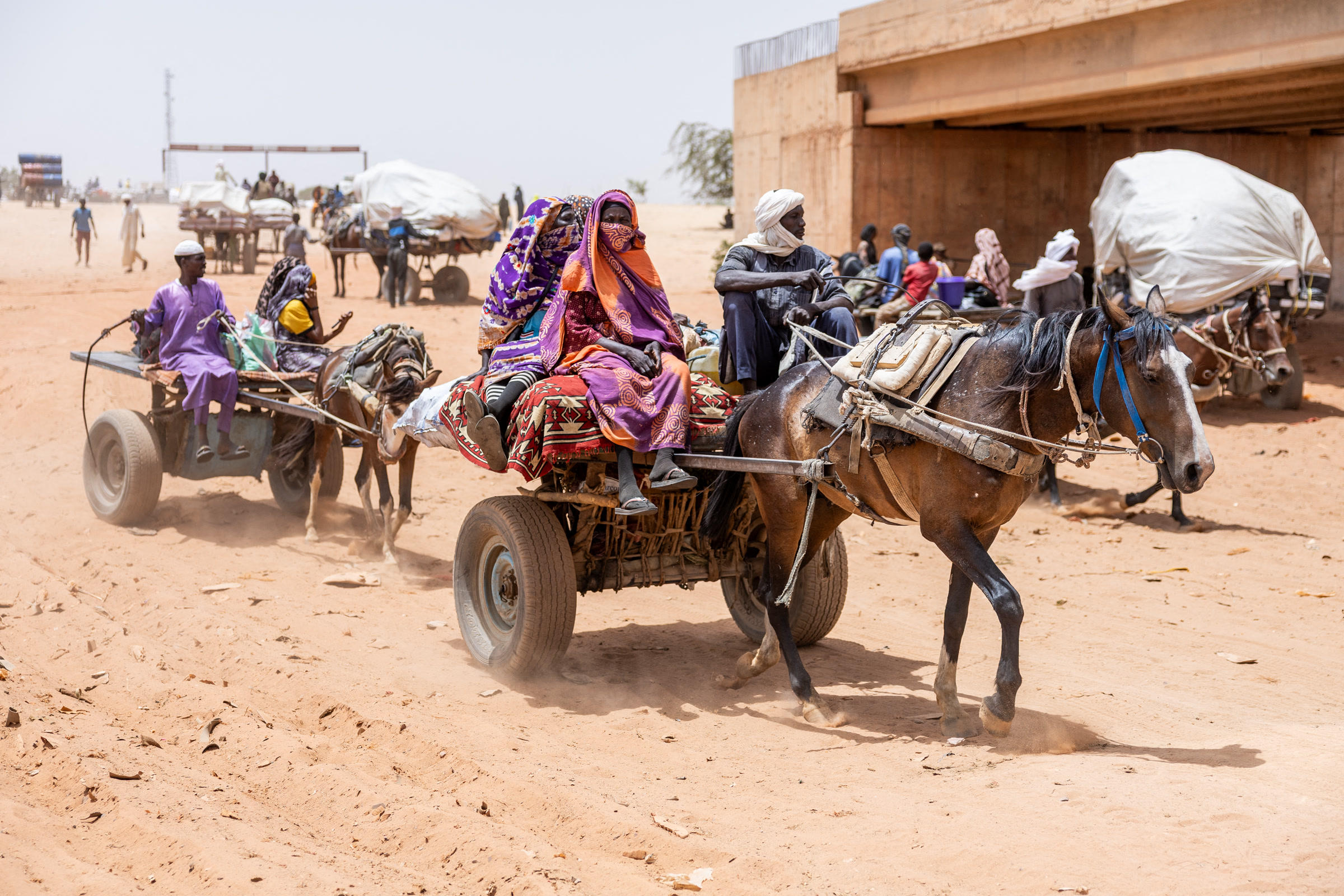 Sudanese displaced people, including women, on horse-drawn carts loaded with belongings on a sandy road, file photo