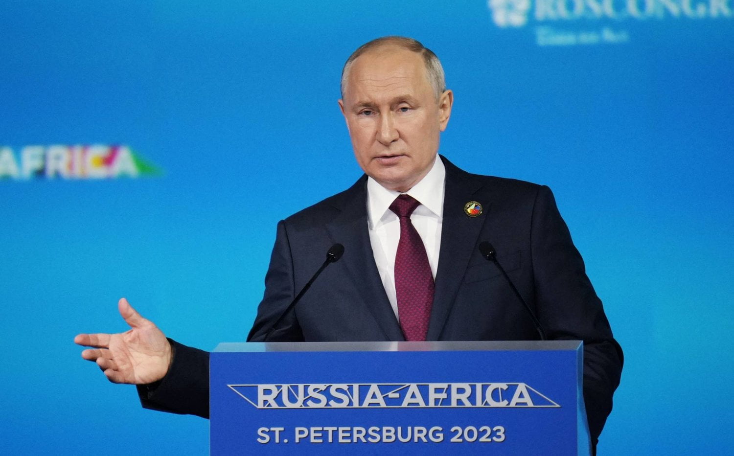 Russian President Vladimir Putin speaking at a podium marked Russia-Africa, St. Petersburg 2023, file photo