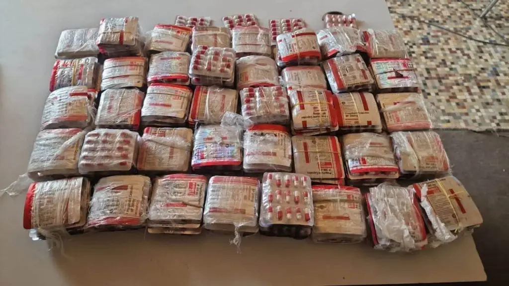 Plastic-wrapped bundles of pill blister packs laid out on a table after a seizure, file photo