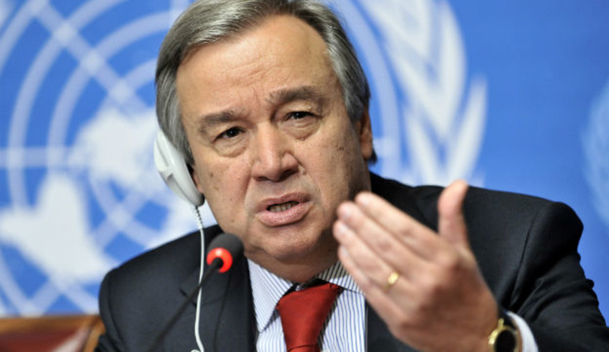 UN Secretary-General Antonio Guterres speaking in front of the UN emblem, file photo
