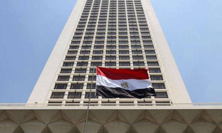 The Egyptian Foreign Ministry tower with the Egyptian flag