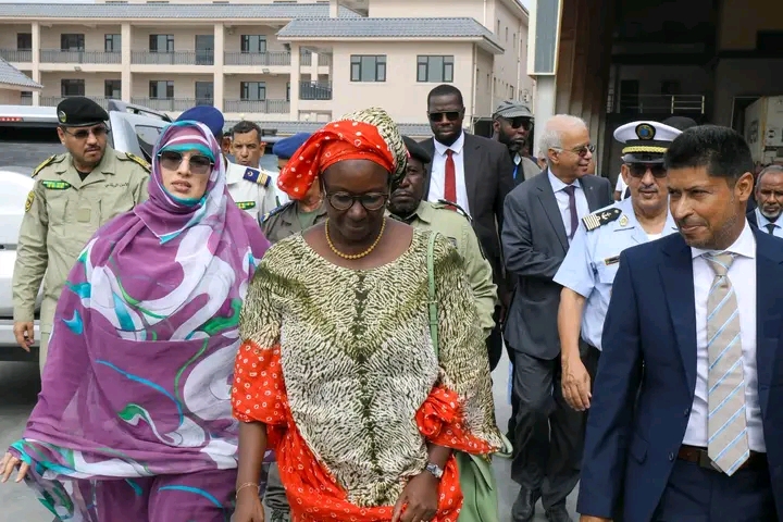The official delegation walks outside an industrial building in Nouadhibou