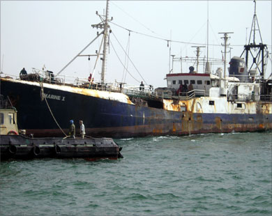 An industrial fishing vessel moored in a Mauritanian port