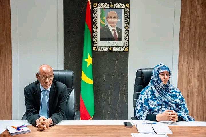 Two officials seated at a meeting table beside the Mauritanian flag