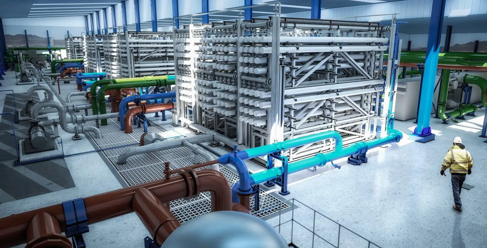 Pipes and filtration units inside a desalination plant with a worker in a yellow jacket, file illustration