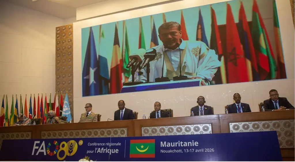 The hall of an FAO regional conference in Nouakchott with flags and a large screen