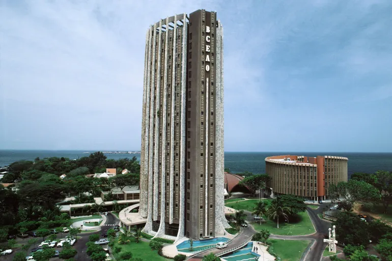 The BCEAO central bank headquarters tower on the Dakar seafront
