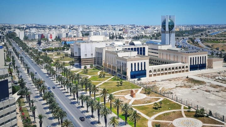 Aerial view of a modern business district in Tunis lined with palm trees, file photo