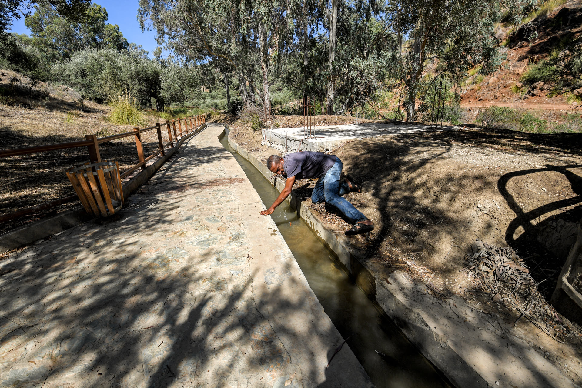 A man leaning over a concrete irrigation canal among trees, file photo