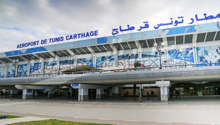 The terminal front of Tunis-Carthage airport with its name in Arabic and French, file photo