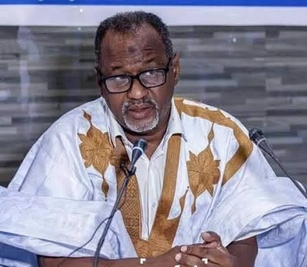 A union official in a white boubou speaking into microphones