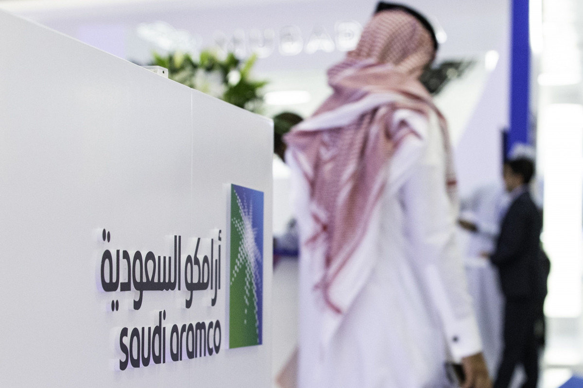 The Saudi Aramco logo on an exhibition stand, file photo