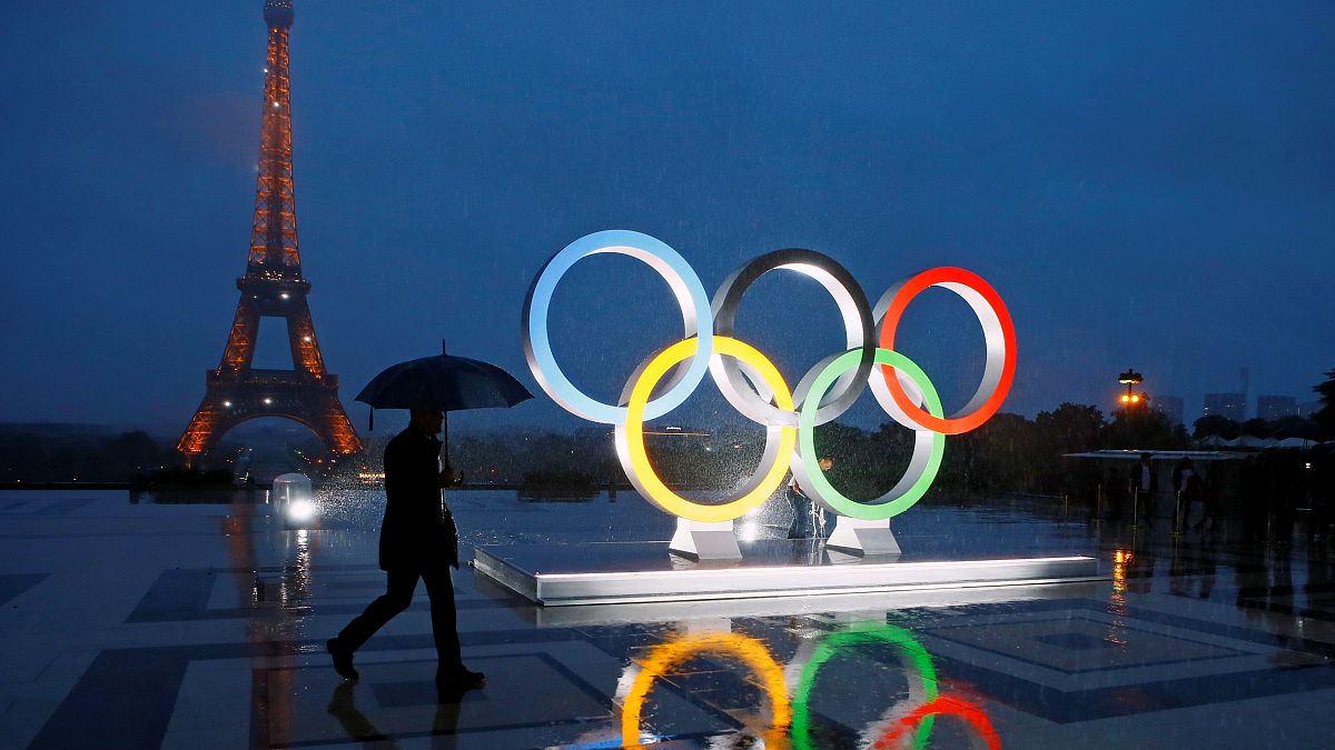 The Olympic rings at the Trocadero facing the Eiffel Tower in the rain, file photo