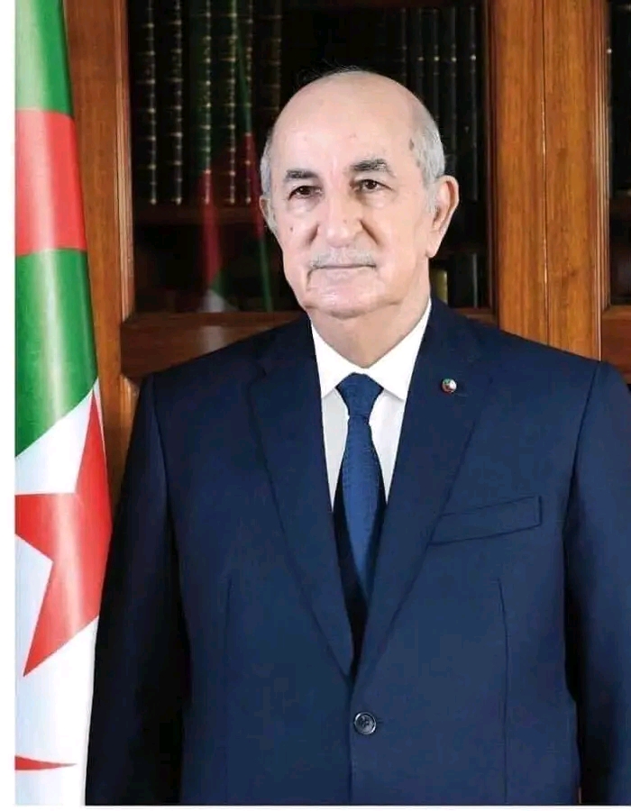 Official portrait of Algerian President Abdelmadjid Tebboune in front of the Algerian flag