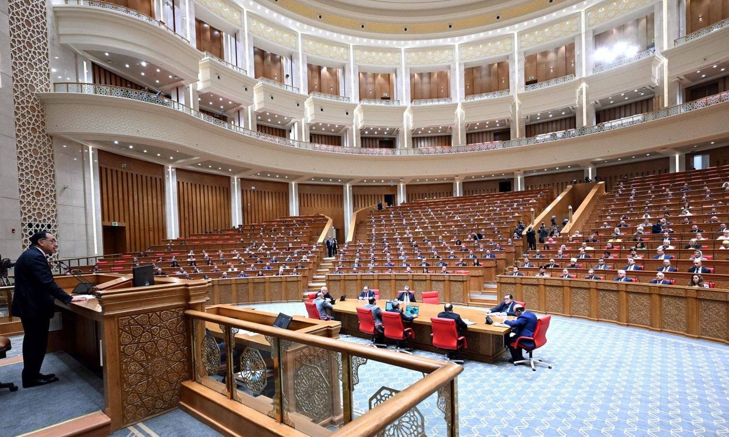 The chamber of Egypt's House of Representatives during a plenary session with a speaker at the podium, file photo